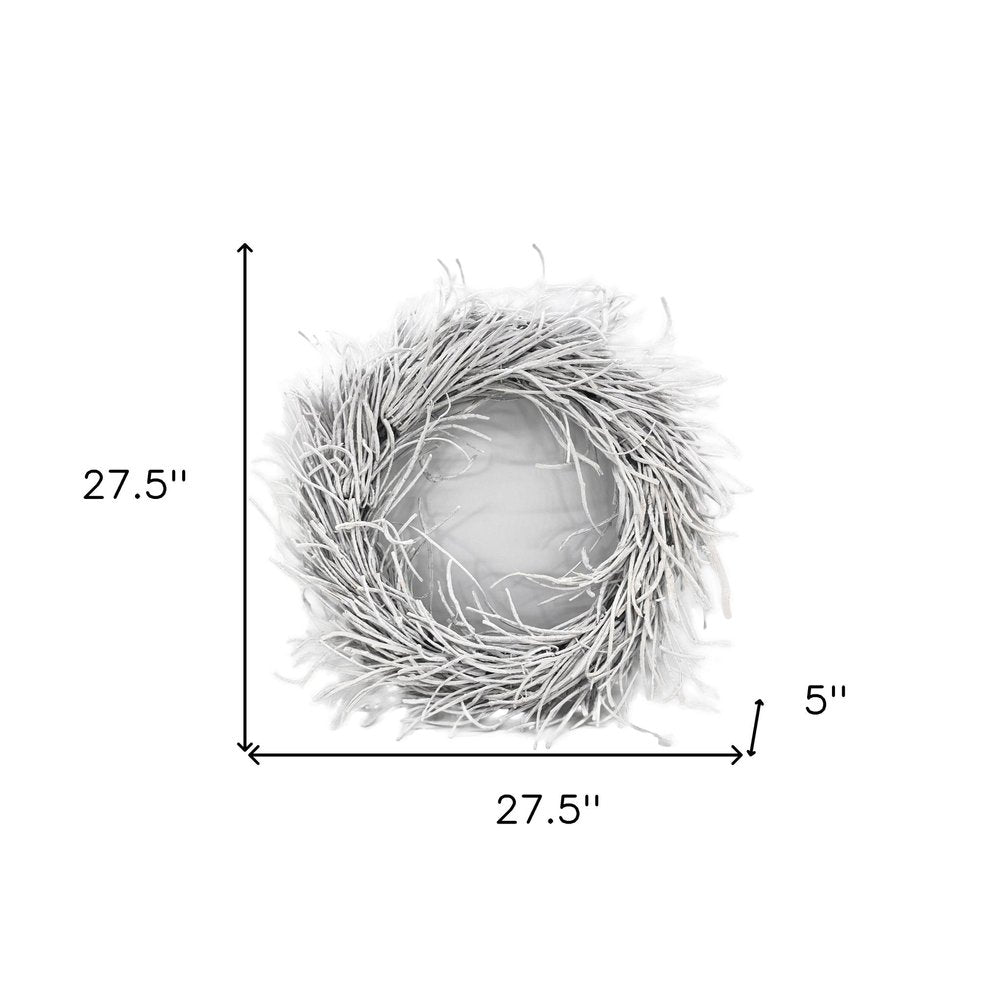 28" White Willow Dried Wreath. Wreath isolated on a plain white background, showing a white rattan surface.