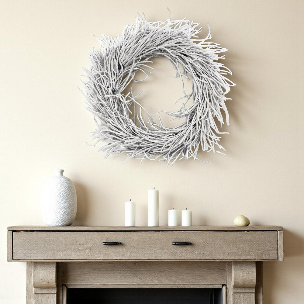 28" White Willow Dried Wreath. Wreath in white rattan.