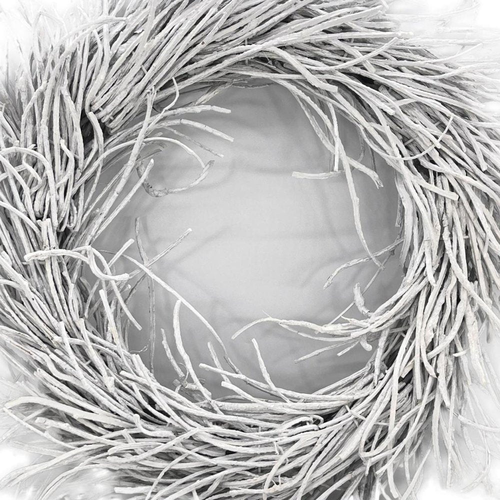 Detail view of 28" White Willow Dried Wreath, filling the frame with the white rattan texture.