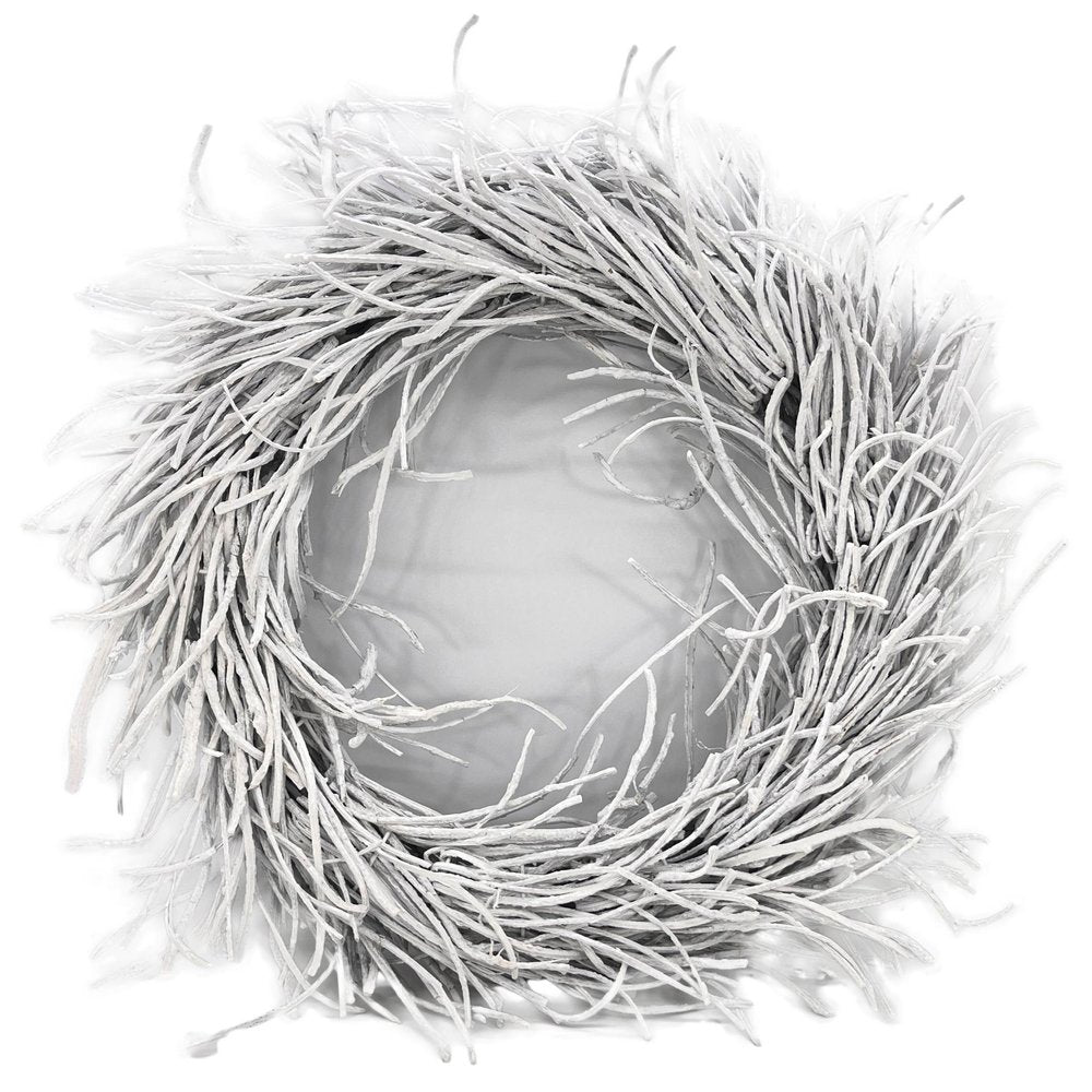 28" White Willow Dried Wreath. Wreath isolated on a plain white background, in a white rattan finish.