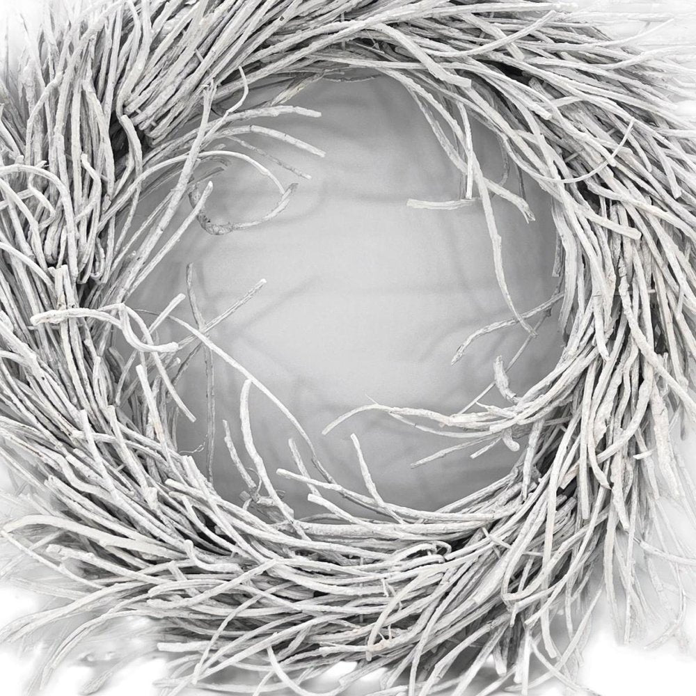 Close-up of 28" White Willow Dried Wreath showing the white rattan texture.