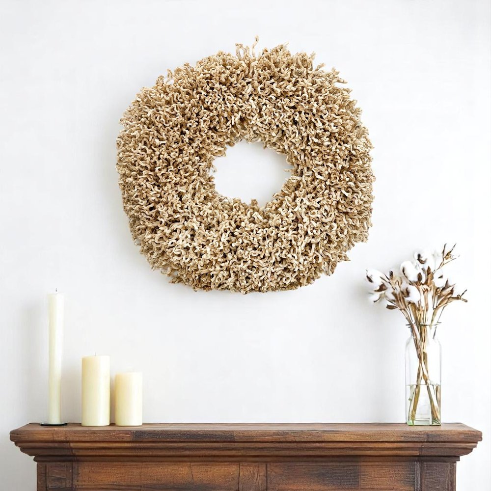 23" Natural Maize Dried Wreath. Wreath isolated on a plain white background, showing its tan color.