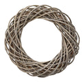22" Natural Gray Willow Dried Wreath. Wreath isolated on a plain white background, showing a tan wood surface.