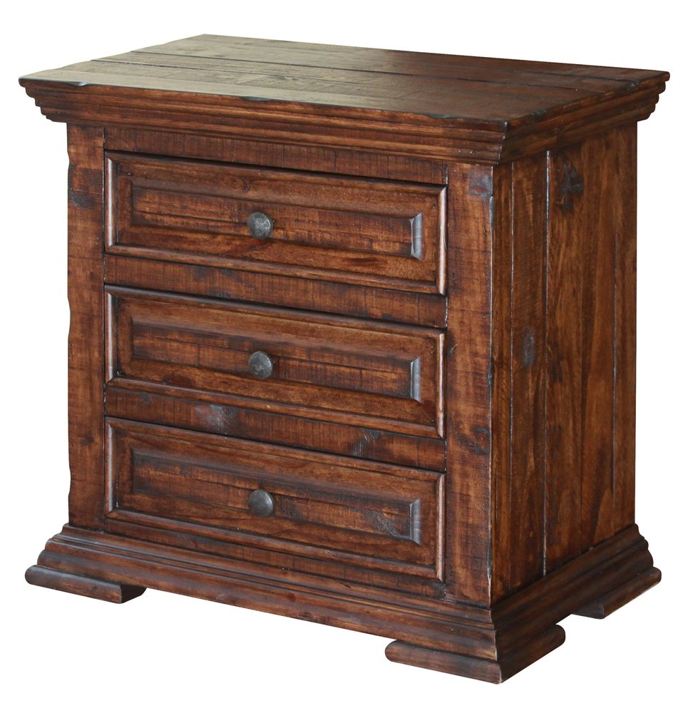 A brown solid wood three-drawer nightstand with dark metal knobs and a rustic finish on a white background.