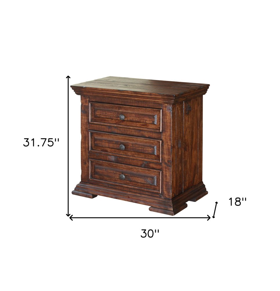 32" Brown Solid Wood Three Drawer Nightstand. Nightstands & bedside table isolated on a plain white background, showing a brown wood surface.
