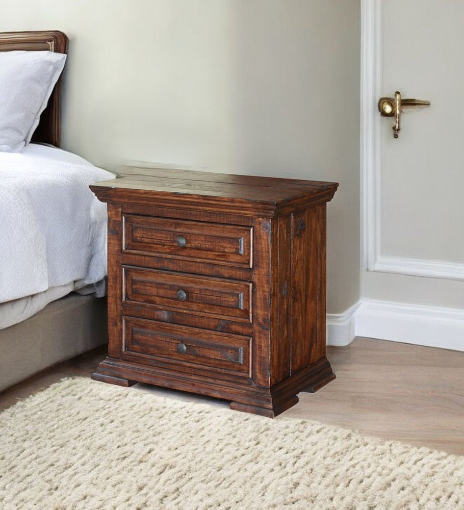 32" Brown Solid Wood Three Drawer Nightstand. Nightstands & bedside table isolated on a plain white background, showing a wood surface.