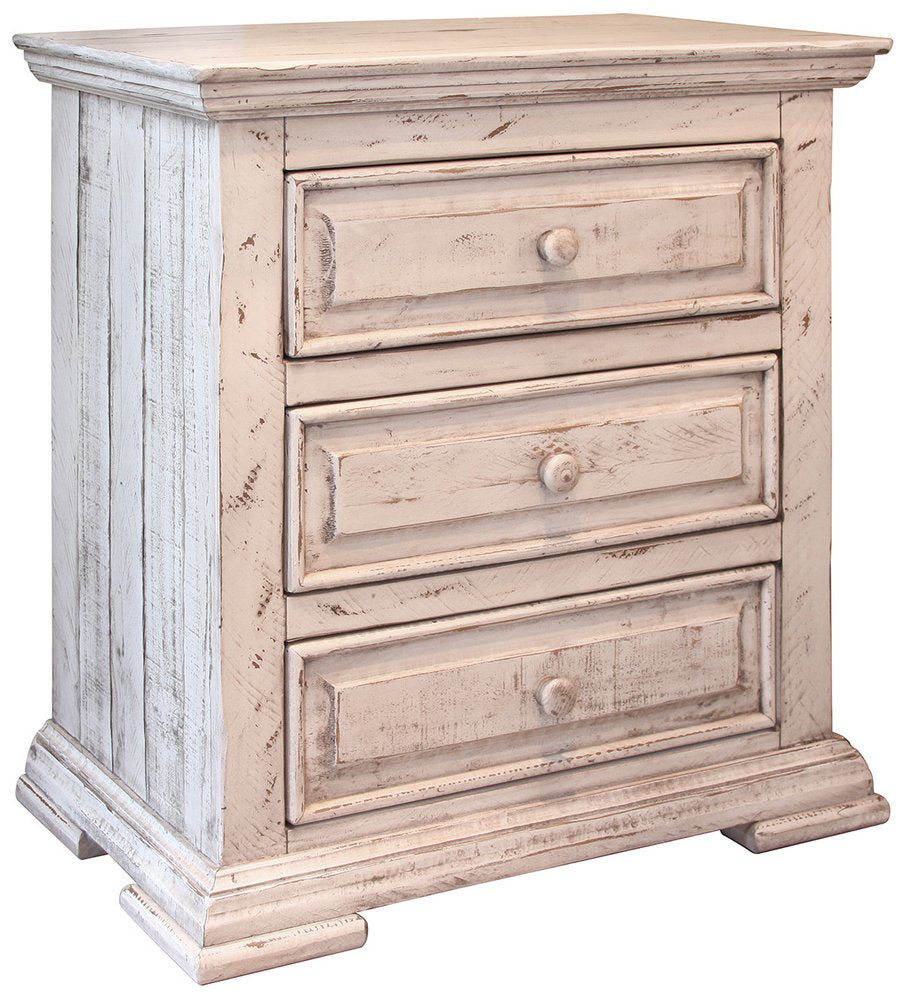 White solid wood three-drawer nightstand with distressed finish and round knobs, shown against a white background.