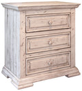 32" White Solid Wood Three Drawer Nightstand. Nightstands & bedside table isolated on a plain white background, showing a white wood surface.