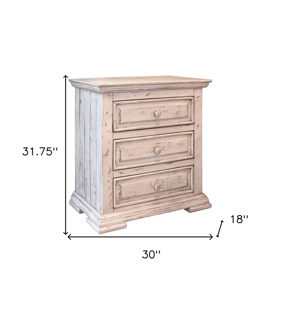 32" White Solid Wood Three Drawer Nightstand. Nightstands & bedside table isolated on a plain white background, showing a white wood surface.