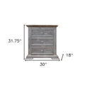 Gray three-drawer nightstand with a distressed finish, 31.75" height, 30" width, and 18" depth.