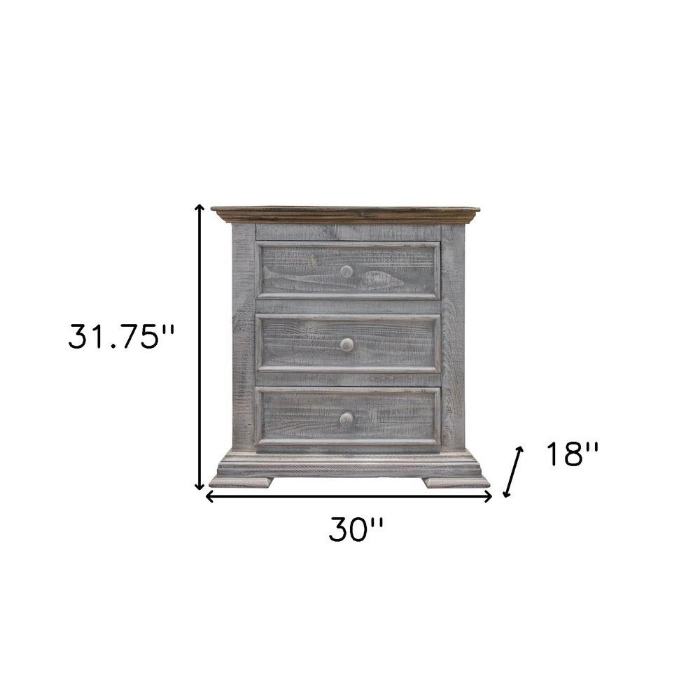 Gray three-drawer nightstand with a distressed finish, 31.75" height, 30" width, and 18" depth.