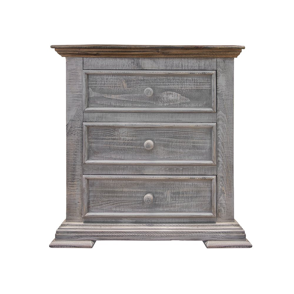 32" Gray Three Drawer Nightstand. Nightstands & bedside table isolated on a plain white background, in a gray finish.