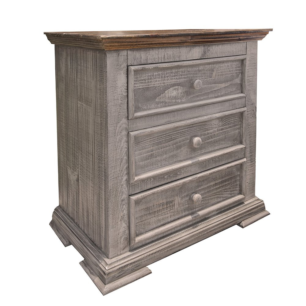 32" Gray Three Drawer Nightstand. Nightstands & bedside table isolated on a plain white background, finished in gray.
