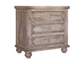 31" Brown Solid Wood Three Drawer Nightstand. Nightstands & bedside table isolated on a plain white background, finished in brown wood.