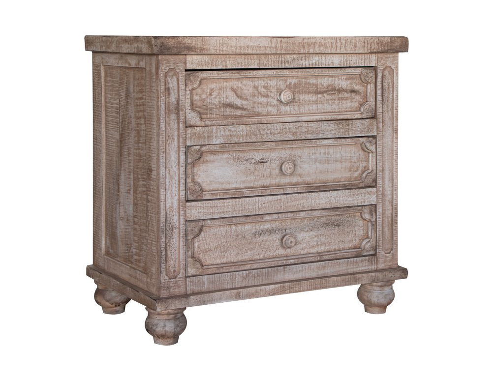 31" Brown Solid Wood Three Drawer Nightstand. Nightstands & bedside table isolated on a plain white background, finished in brown wood.