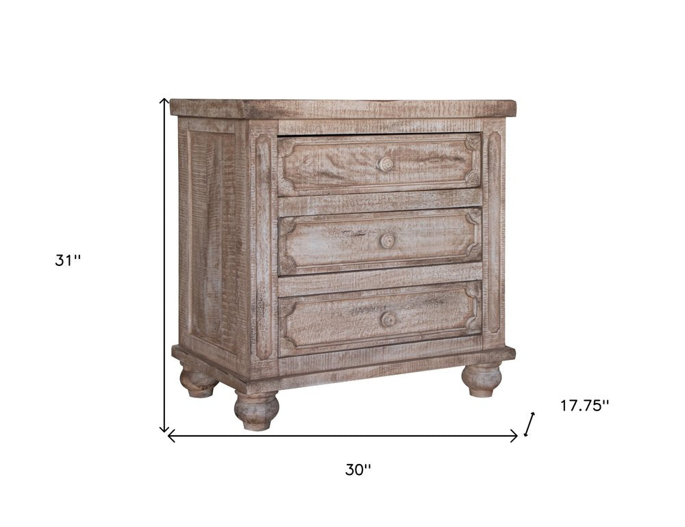 31" Brown Solid Wood Three Drawer Nightstand. Nightstands & bedside table isolated on a plain white background, in a brown wood finish.