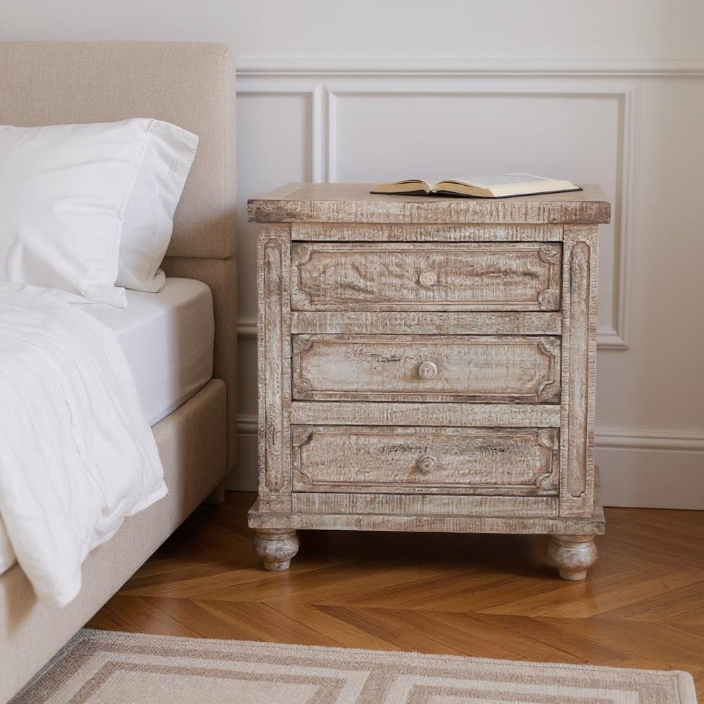 31" Brown Solid Wood Three Drawer Nightstand. Nightstands & bedside table isolated on a plain white background, finished in brown wood.