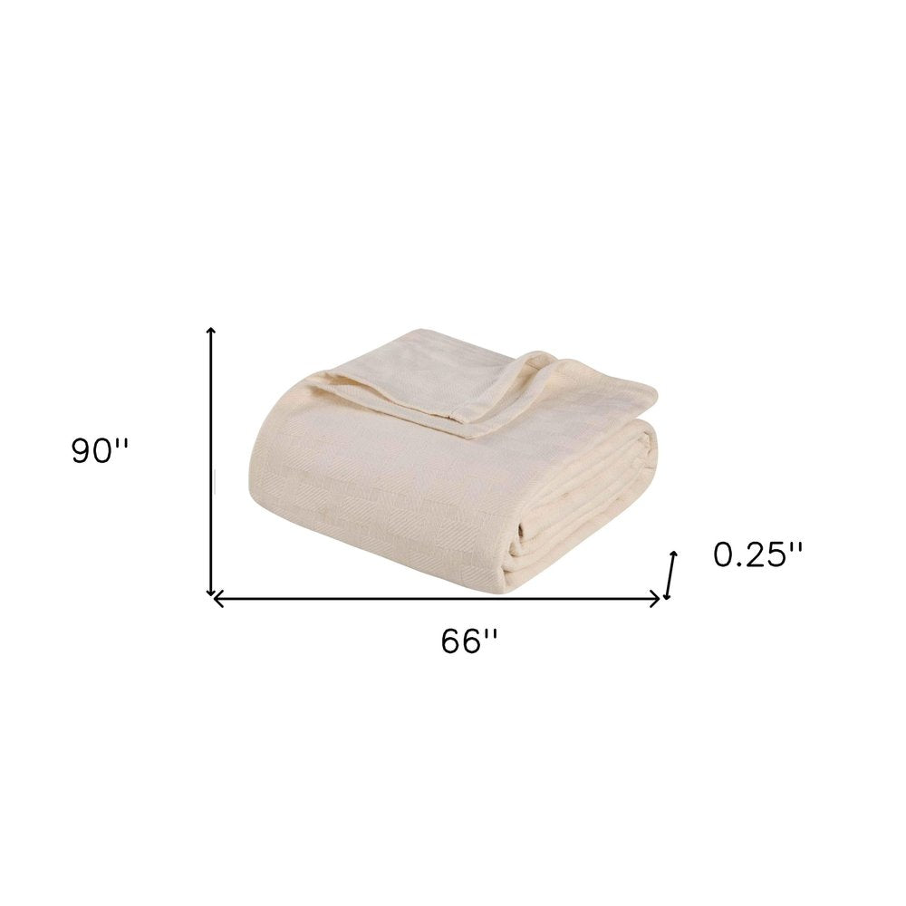 Twin Ivory Cotton Basketweave Geometric Blanket on a white background