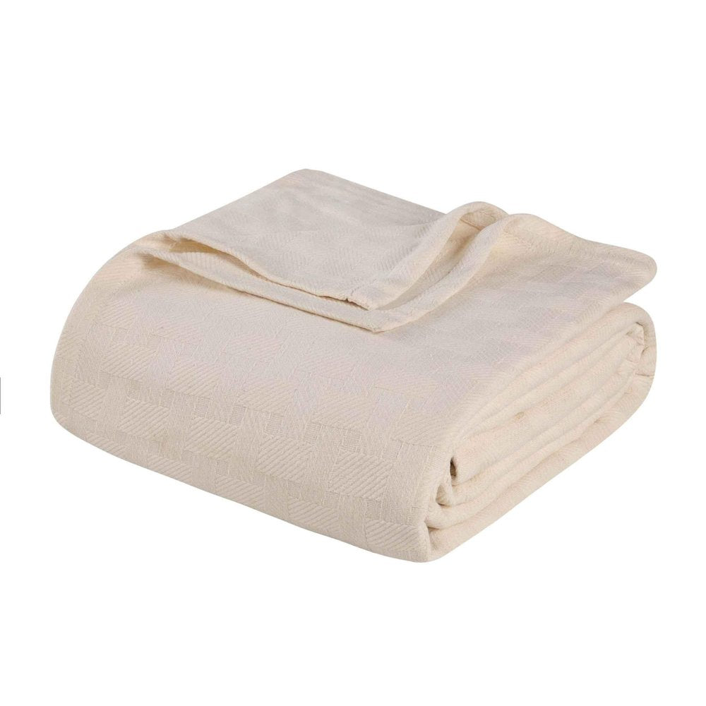 Twin Ivory Cotton Basketweave Geometric Blanket on a white background