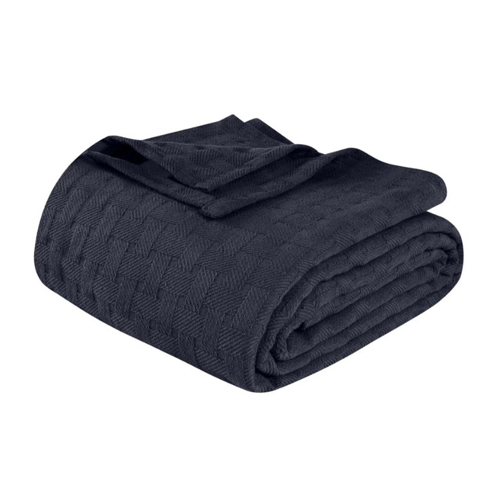 Twin Navy Blue Cotton Geometric Blanket on a white background