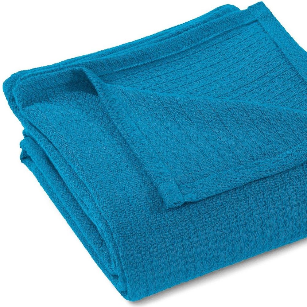 Twin Azure Cotton Waffle Weave Blanket on a white background