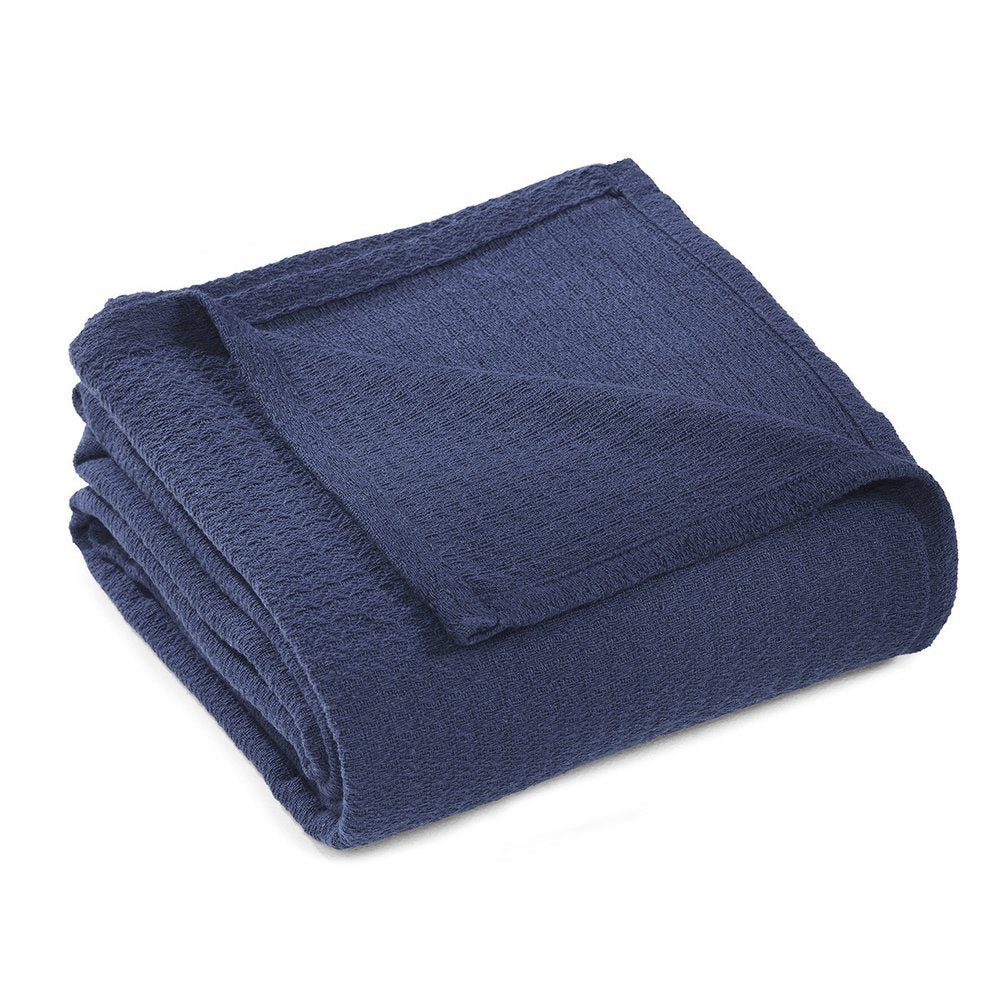 Twin Navy Blue Cotton Waffle Weave Blanket on a white background