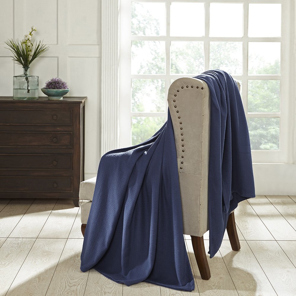 Twin Navy Blue Cotton Waffle Weave Blanket on a white background