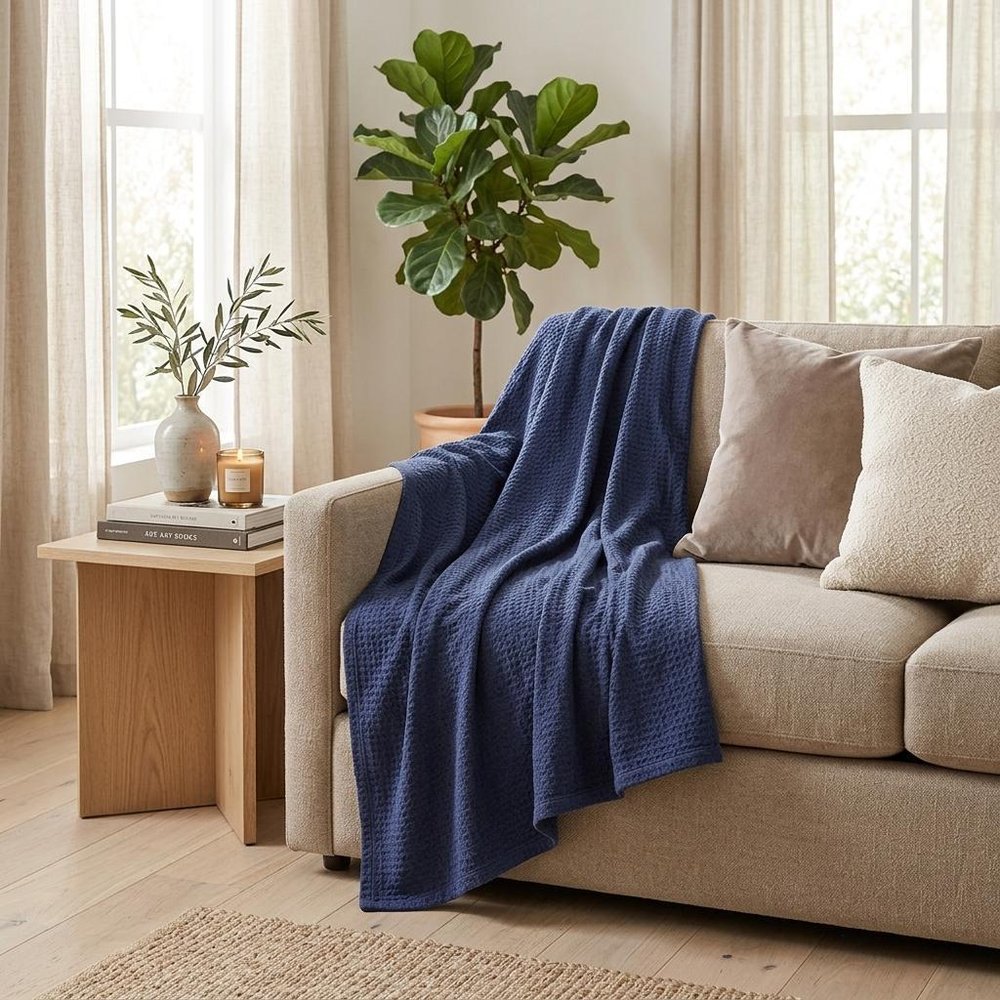 Twin Navy Blue Cotton Waffle Weave Blanket