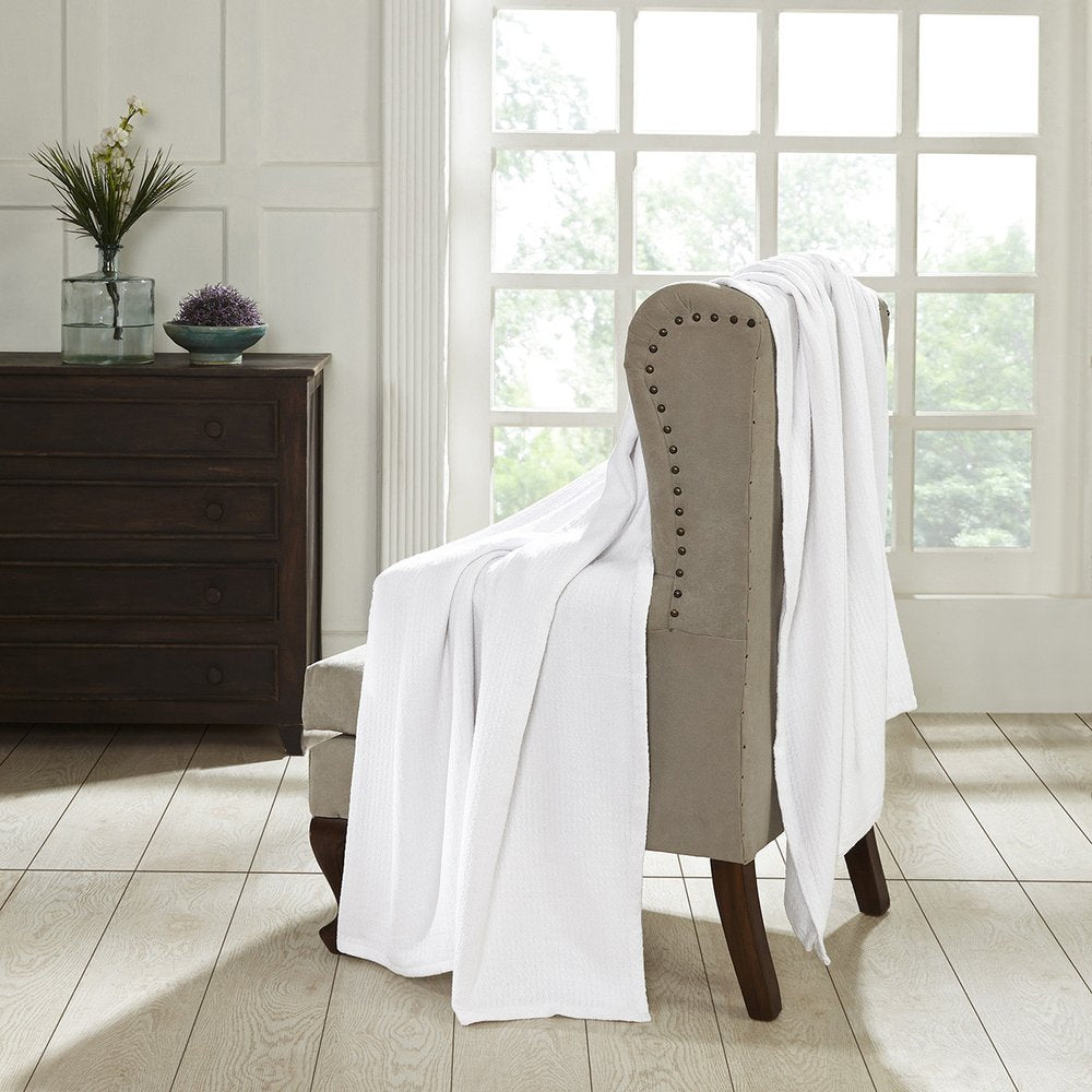 Twin White Cotton Waffle Weave Blanket on a white background