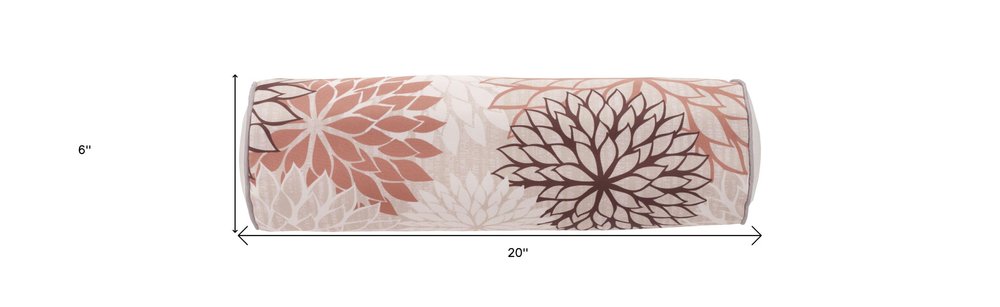 6" X 20" Brown Beige and Ivory Bolster Floral Indoor Outdoor Throw Pillow. Outdoor pillow isolated on a plain white background, showing a ivory fabric surface.