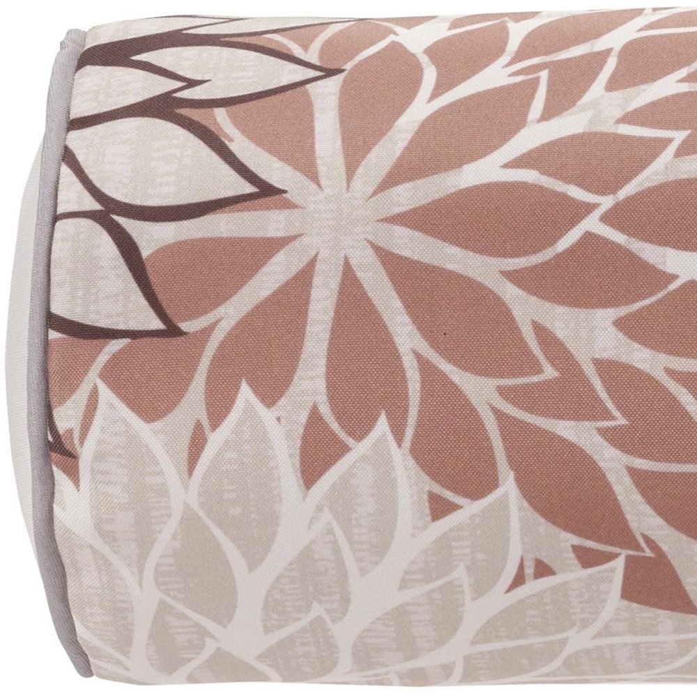 Detail view of 6" X 20" Brown Beige and Ivory Bolster Floral Indoor Outdoor Throw Pillow, filling the frame with the beige fabric texture.