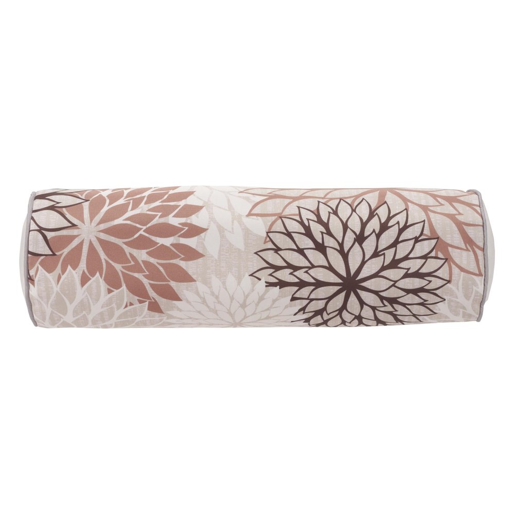 6" X 20" Brown Beige and Ivory Bolster Floral Indoor Outdoor Throw Pillow. Outdoor pillow isolated on a plain white background, in a beige fabric finish.
