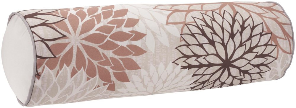 6" X 20" Brown Beige and Ivory Bolster Floral Indoor Outdoor Throw Pillow. Outdoor pillow isolated on a plain white background, finished in beige fabric.