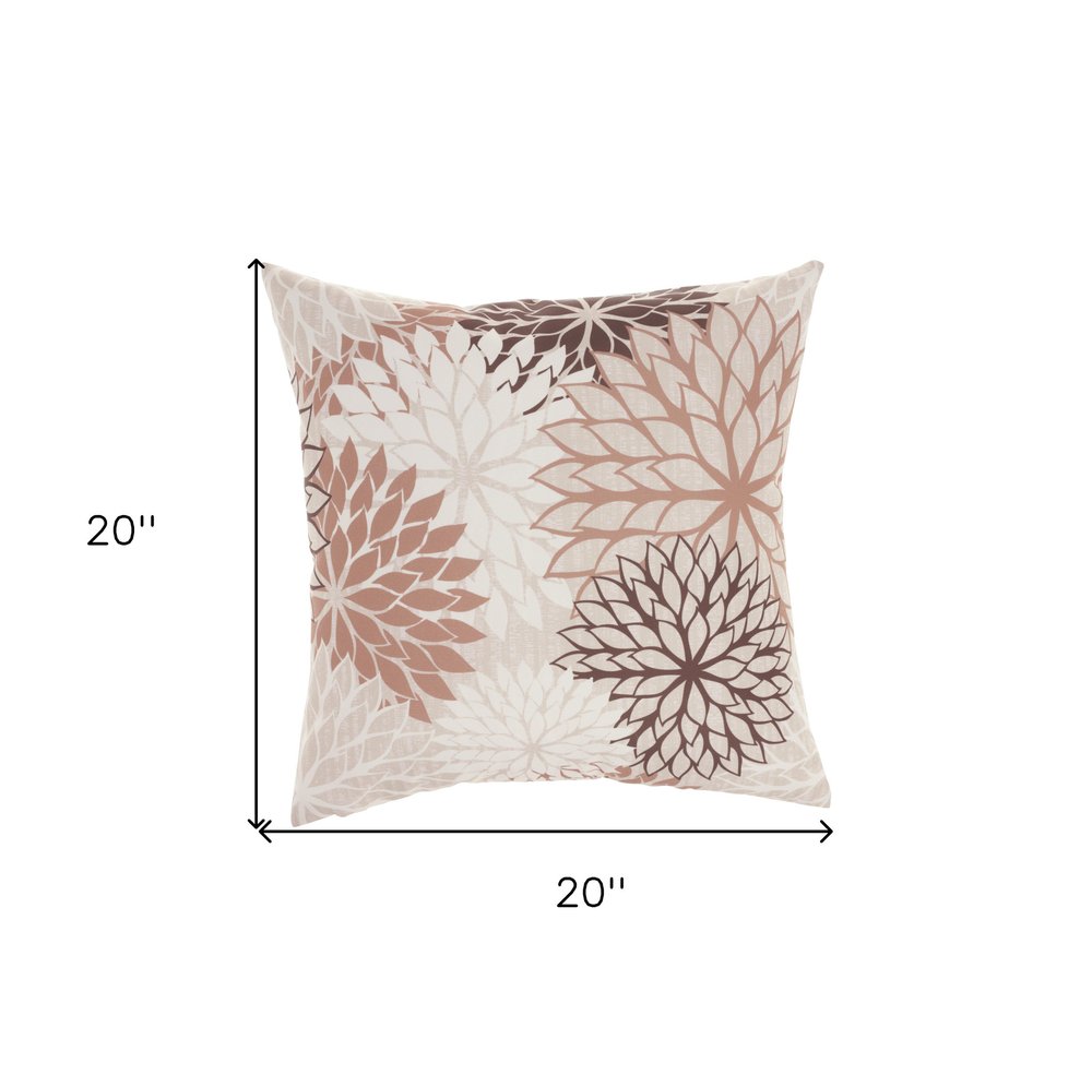20" Brown Beige and Ivory Floral Indoor Outdoor Throw Pillow. Outdoor pillow isolated on a plain white background, showing a ivory fabric surface.