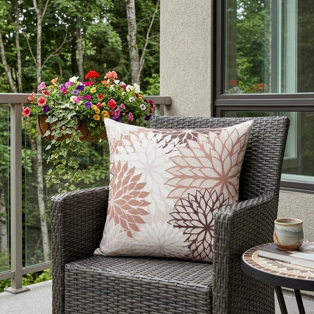 20" Brown Beige and Ivory Floral Indoor Outdoor Throw Pillow shown outdoors on a patio with greenery.