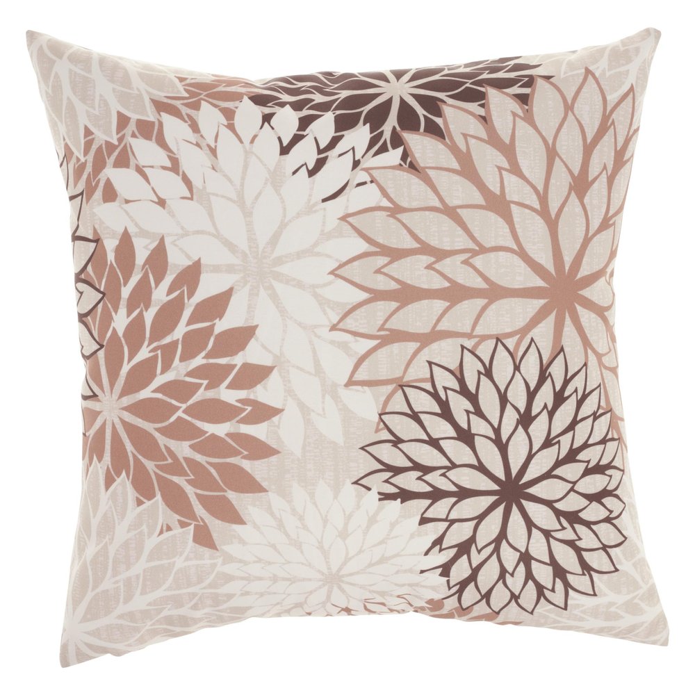 20" Brown Beige and Ivory Floral Indoor Outdoor Throw Pillow. Outdoor pillow isolated on a plain white background, finished in ivory fabric.