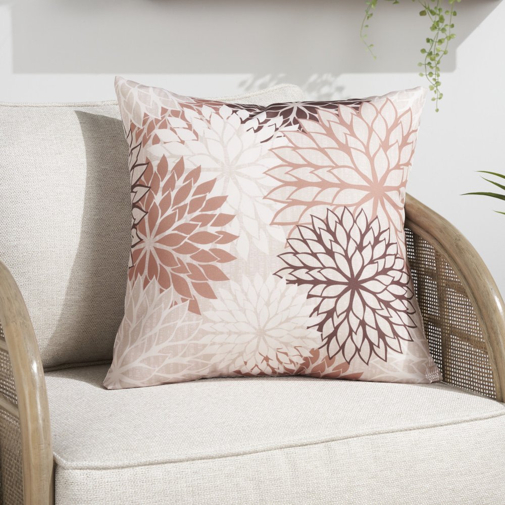 20" Brown Beige and Ivory Floral Indoor Outdoor Throw Pillow. Outdoor pillow in ivory fabric.