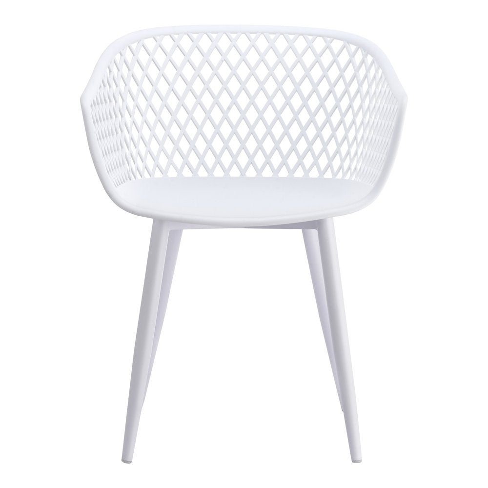 White plastic dining chair with a diamond pattern back and four tapered legs, isolated on a white background.