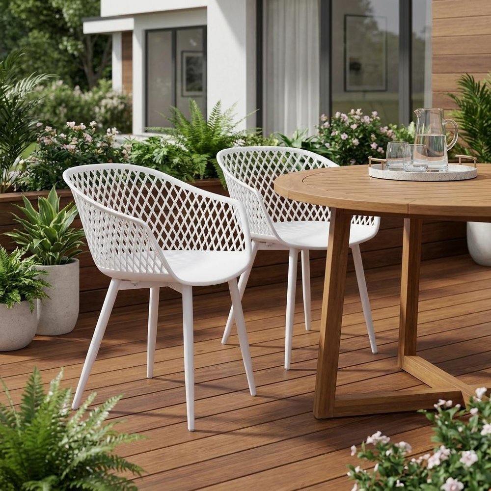 Set of Two Blue Heavy Duty Plastic Outdoor Stacking Dining Chairs in a home interior