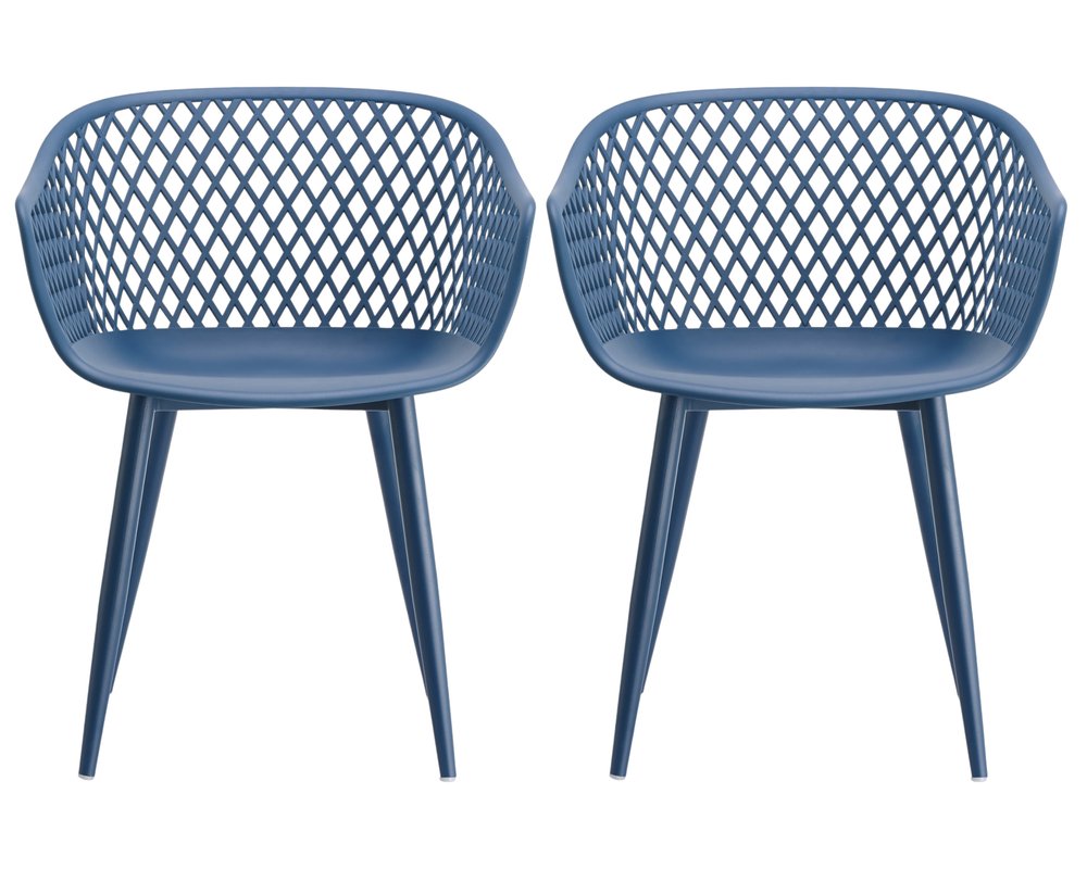 Set of Two Blue Heavy Duty Plastic Outdoor Stacking Dining Chairs on a white background