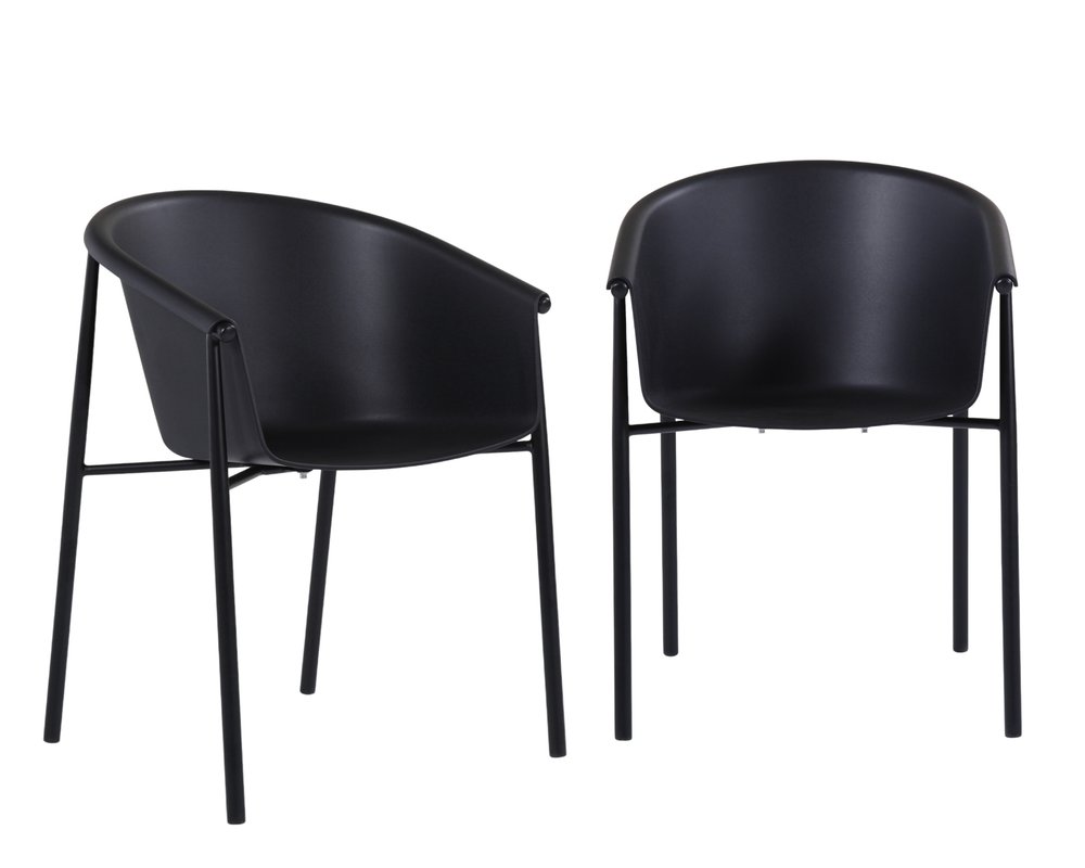 Set of Two Black Heavy Duty Plastic Outdoor Stacking Dining Chairs - 31.50" H x 23.00" W x 23.00" D on a white background