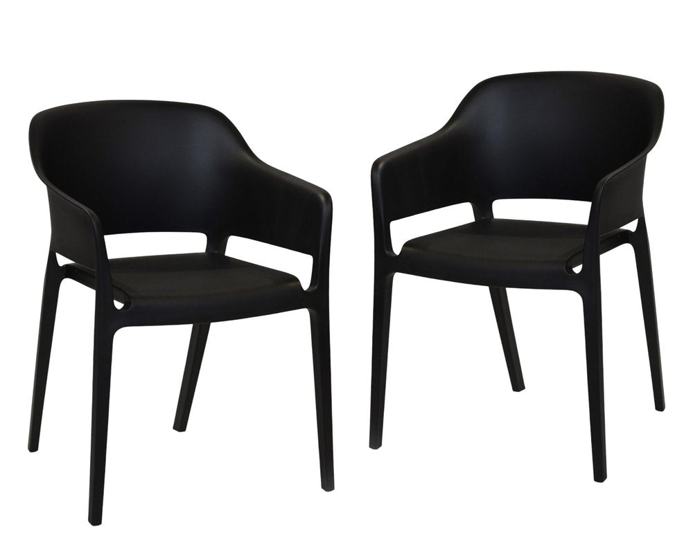 Set of Two Black Heavy Duty Plastic Outdoor Stacking Dining Chairs - 30.50" H x 21.50" W x 21.60" D on a white background
