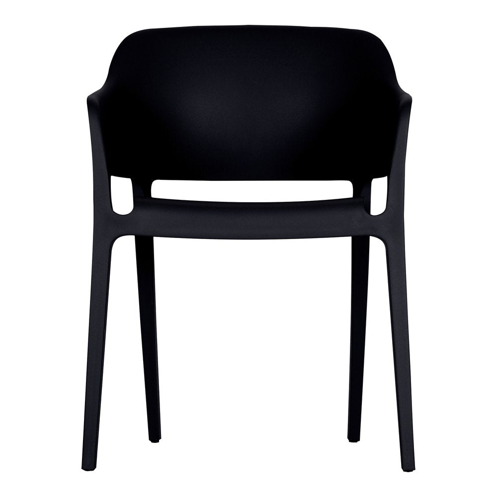 Black heavy duty plastic outdoor stacking dining chair on a white background.