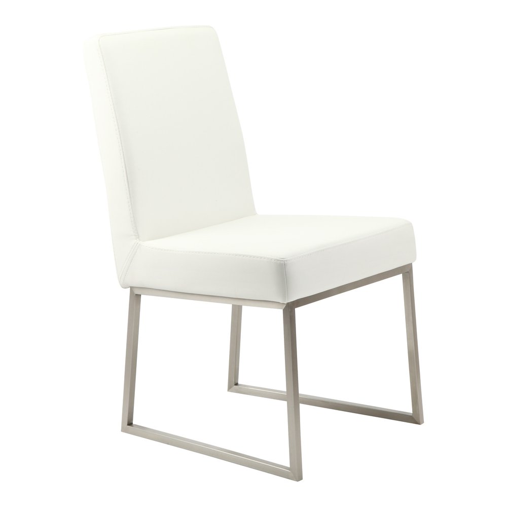 Set of Two White and Silver Faux Leather Dining Side Chairs - 35.00" H x 20.00" W x 25.00" D on a white background