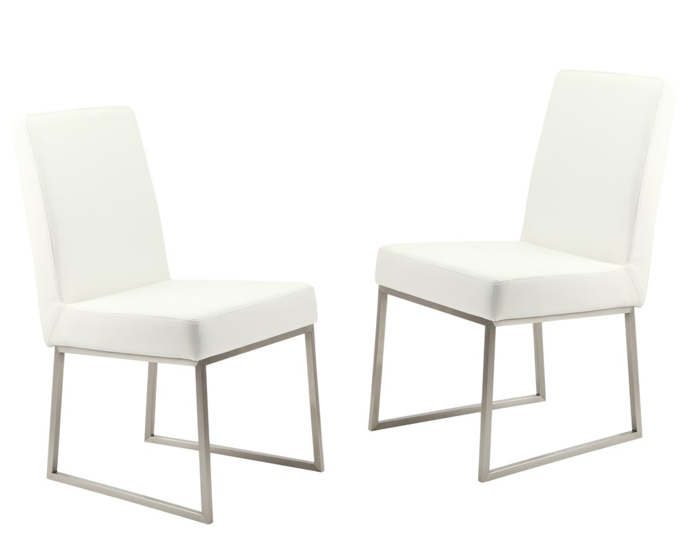 Set of Two White and Silver Faux Leather Dining Side Chairs - 35.00" H x 20.00" W x 25.00" D on a white background