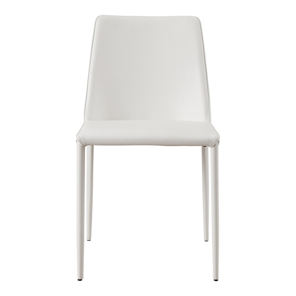 White faux leather dining chair with white metal legs on a white background.