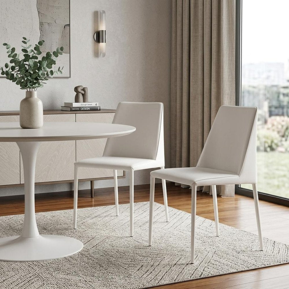 Set of Two White Faux Leather Dining Side Chairs
