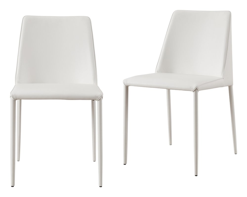 Set of Two White Faux Leather Dining Side Chairs on a white background