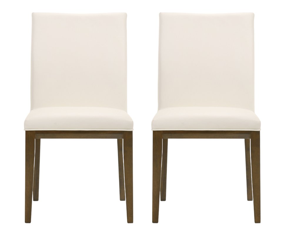 Set of Two White and Brown Leather Dining Side Chairs