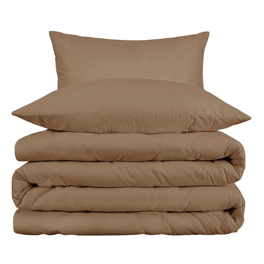 Stack of taupe queen cotton duvet cover and two pillow shams on a white background.